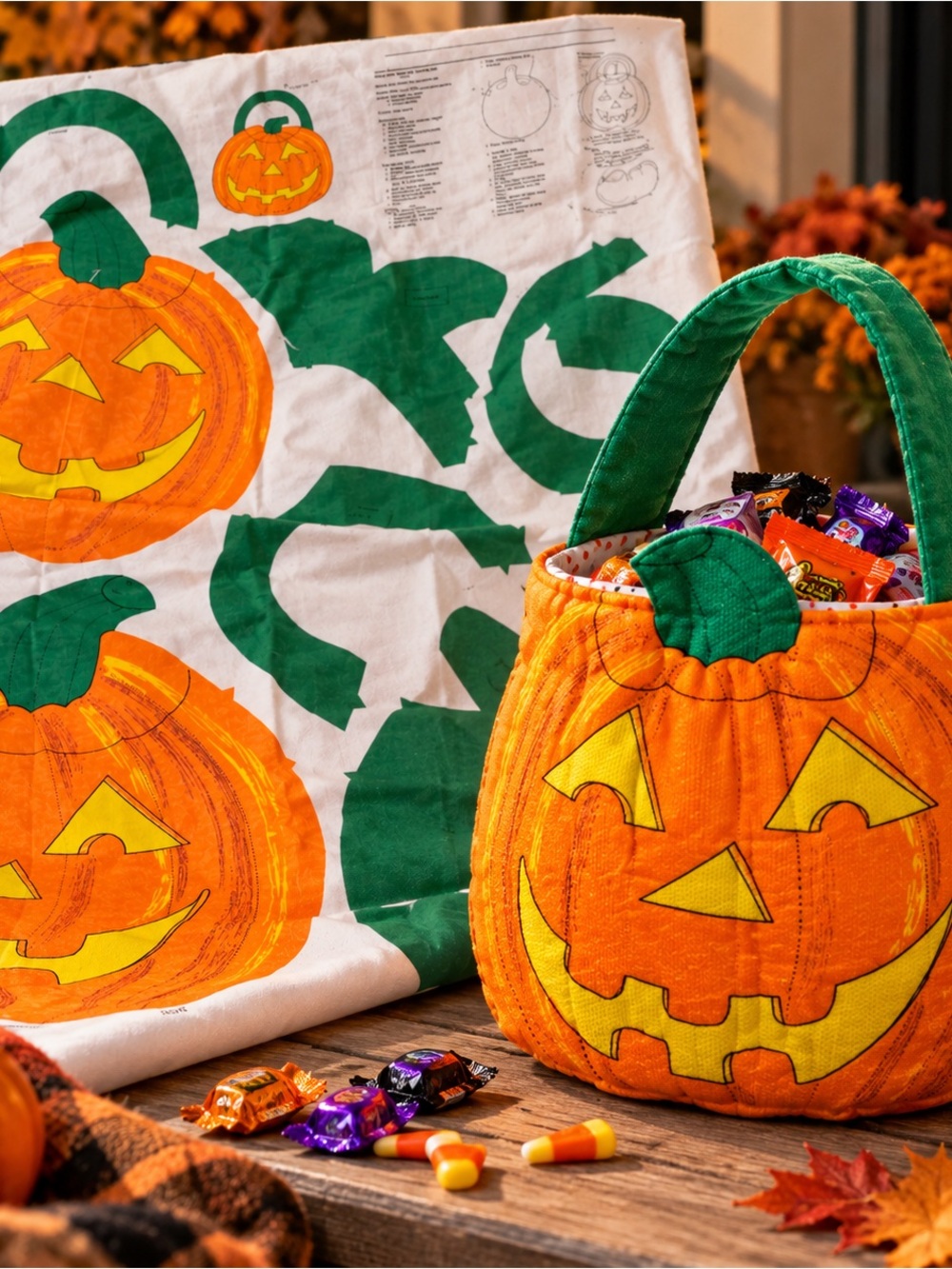 Lot of 4 Vtg 1990s Halloween Jack O' Lantern Canvas Bag Fabric Panels